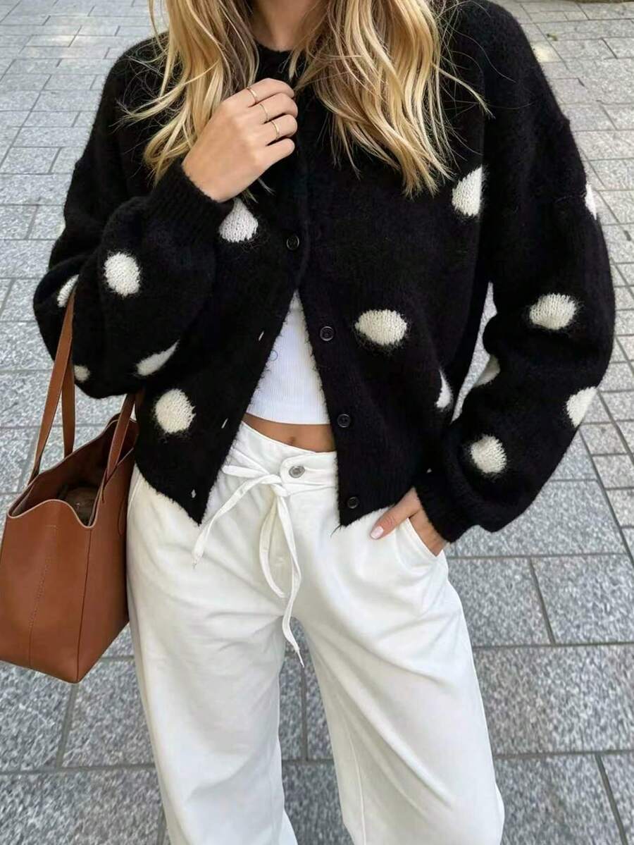 Women's Polka Dot Coat Buttons Lantern Sleeves Winter Wool Cardigan Fall Clothes For Women Fall Tops Sweater Daily Commute Halloween Costume Women - Black - View 1
