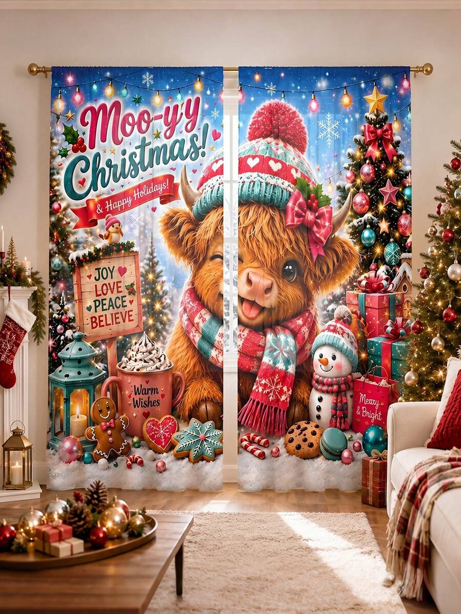 2Pcs Christmas Holiday Curtains, Cartoon Highland Cow With Snowman Gingerbread Christmas Tree Print Pattern, Semi-Sheer Rod Pocket Holiday Window Decor, Suitable For Living Room And Bedroom, Rod Not Included - Multicolor - View 1