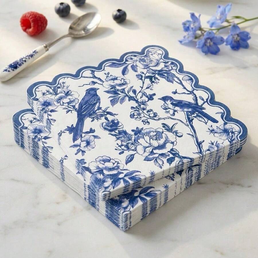 Disposable Paper Napkins, Chinese Blue Bird Floral Pattern, Vintage Blue And White Floral Bird Design Guest Hand Towels, Suitable For Oriental Weddings And French Garden Party Table Decor - Blue - View 1