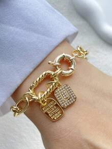 1PC Luxury Screw Buckle A-Z Initial Letter Bracelet,Double Colorful Climbing Chain,Double Buckle Letter Double Chain,For Celebrating Holiday Daily - Yellow Gold - View 7