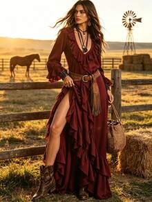 Vuslat Women's Autumn Deep V-Neck Burgundy Long Sleeve Double Layer Ruffle Hem Asymmetrical Halter Neck Maxi Dress, Suitable For Halloween, Music Festival - Burgundy - View 2