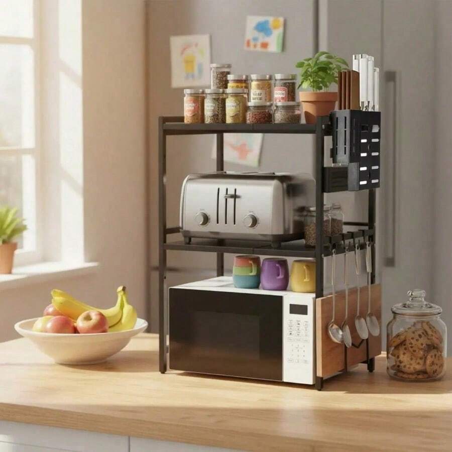 Estante Extensible de 3 Niveles para Microondas y Horno, Organizador de Cocina Ajustable y Resistente, Diseño Ahorrador de Espacio para Electrodomésticos, Utensilios y Accesorios, Práctico y Funcional - Negro - Ver 1