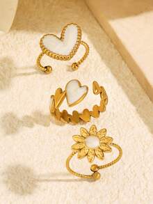 3pcs Stainless Steel Gold-Tone Elegant Versatile Geometric Enamel White Flower Rings Set, Suitable For Women's Daily, Holiday, Date, Shopping Wear - Multicolor - View 5
