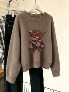 Autumn/Winter Essential: Cute Highland Cow Plaid Knit Scarf, Casual & Warm, With Adorable Animal Pattern, Elevate Your Seasonal Look - Earth Gray - View 3