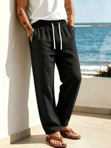 Summer Relaxed Fit Pants! Men's Wide Leg Breathable Linen Straight Leg Casual Long Pants - Black - View 5