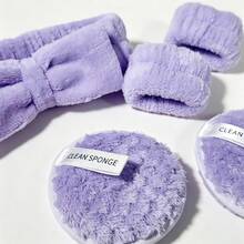 5Pcs Face Washing Set, Soft Plush Bow Headband, Absorbent Wristbands & Reusable Makeup Remover Pads, Multiple Colors Available - Multicolor - View 5