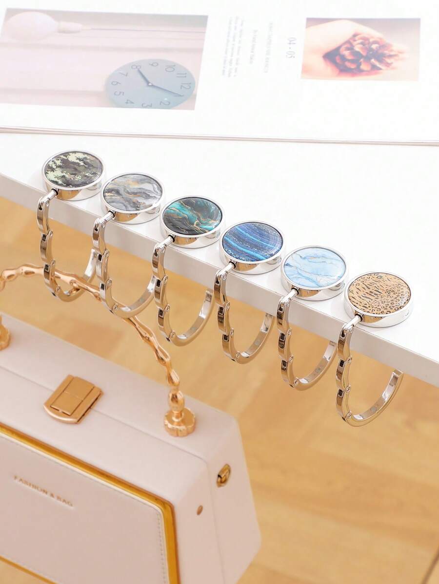 1pc Portable Foldable Desk Side Hanging Bag Hook, Gold-Plated Metal Marble Liquid Sand Pattern, No-Drill Handbag Storage Clip For Student Office Desk, Multiple Colors Highly Attractive Desktop Bag Hanger
