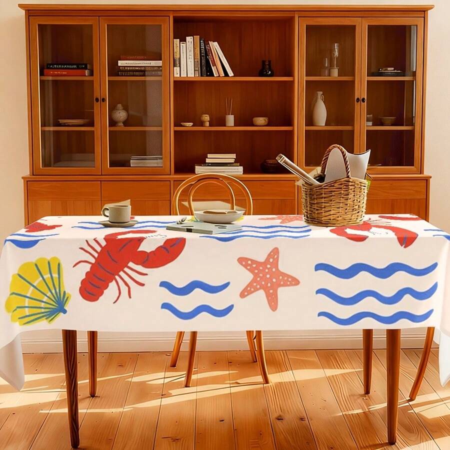 1pc Premium Versatile Spring Red Lobster & Starfish Shell Wave Pattern Tablecloth 2D FLAT Artistic Atmosphere, Beautiful Machine Washable Easy To Clean, Living Room / Studio / Picnic / Coffee Table / B&B Decor / Photo Backdrop / Romantic Proposal / Wedding Arrangement, Artistic Atmosphere / Versatile / Personalized Decor / Space Upgrade, Tablecloth, Valentine's Day / Easter - A - View 1