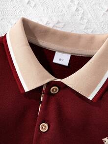 Boys Long Sleeve Polo Shirt, Contrast Collar And Embroidered Design, Classic Preppy Style Back To School Casual Top, Suitable For Autumn - Burgundy - View 7