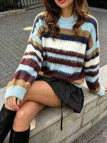 Women's Fashion Daily Commute Streetwear Colorblock Striped Knit Top - Multicolor - View 5