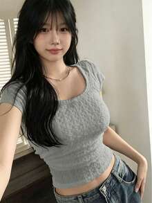 YCYC 韓式時尚休閒女款設計綁帶短袖 T 恤 夏季 - 灰色 - 查看 3