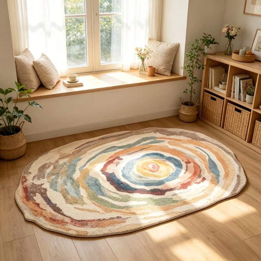 1pc Abstract Swirl Tie Dye Asymmetrical Round Area Rug, Soft Plush Material, Comfortable Touch, Non-Slip Backing, Easy To Clean, Suitable For Living Room, Bedroom, Study, Dormitory, Modern Bohemian Style Home Decor And Housewarming Gift Decoration - Multicolor - View 1