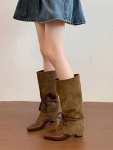 Autumn New Women's Black Low Chunky Heel High-Top Pointed Toe Leather Boots - Brown - View 9