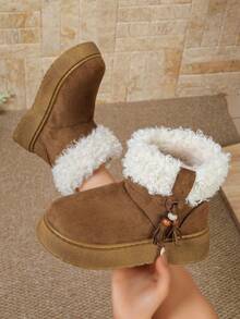 1 Pair Women's Round Toe Winter Ankle Boots, Camel Tassel Bead Decor Platform Boots - Camel - View 5