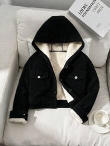 Black Corduroy Hooded Cropped Jacket For Girl, Silver Button Double Pocket Utility Style Short Jacket Top For Petite - Black - View 2