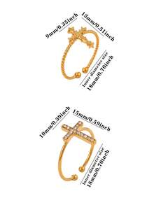1 chiếc/1 bộ nhẫn hở đính đá hình chữ thập cho nữ, nhẫn thép không gỉ mạ vàng 18K, trang sức đeo hằng ngày dự tiệc có thể xếp chồng - Vàng - Xem 9