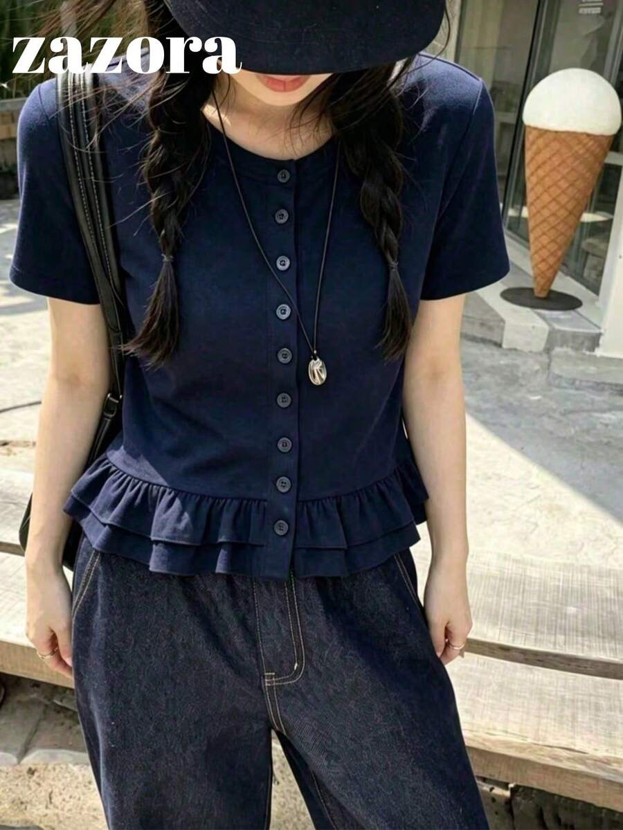 修身短版圓領短袖T恤,荷葉邊下擺日系復古女孩上衣,休閒風格 - 藏青色 - 查看 1