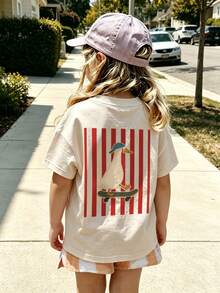 Young Girls Fashion Colorblock Striped Back Print Short Sleeve T-Shirt, Lightweight Soft Baby Daily Wear T-Shirt - Apricot - View 2
