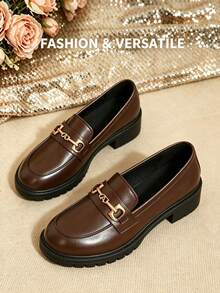 Women's Brown Round Toe Metal Buckle Thick Chunky Heel Loafers Soft Sole Flat Shoes Vintage Commute Spring Autumn All Season - Brown - View 1