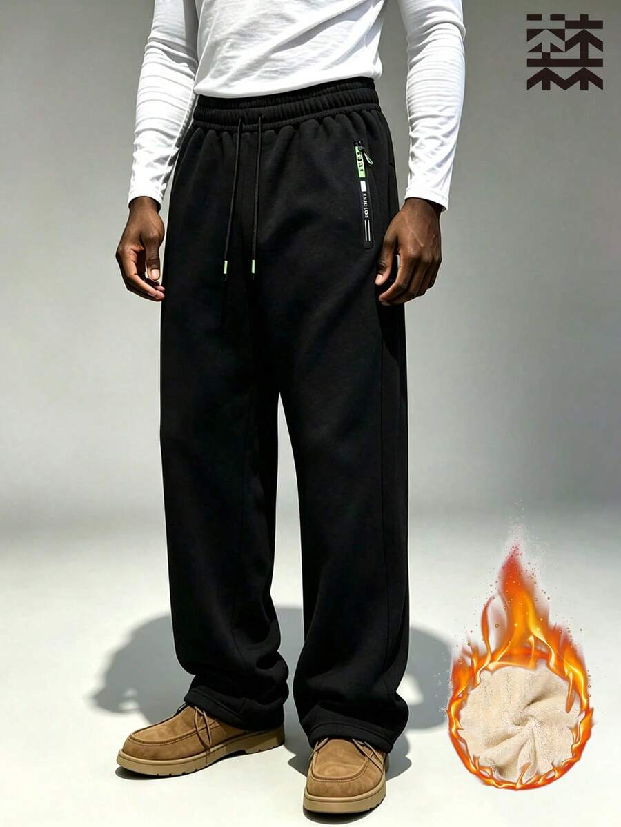mulinsen Men's Thick Fleece Lined Winter Sweatpants, Drawstring Straight Leg Warm Pants With Zipper Pockets (Casual/Sports) - Black - View 1