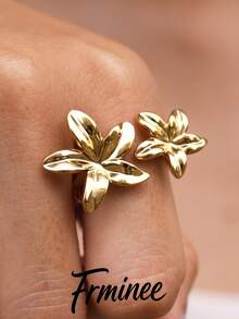 Frminee 1pc Stainless Steel Flower Open Ring For Women, Adjustable Floral Statement Ring, Gold Tone Chunky Fashion Jewelry For Daily Wear, Party, Gift For Her - Gold - View 1