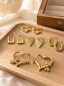 6 Pairs Gold Stainless Steel Earrings Set For Women, Heart Bee Geometric Hoop Statement Earrings, Vintage Boho Jewelry For Daily Wear Party Gift - Gold - View 6