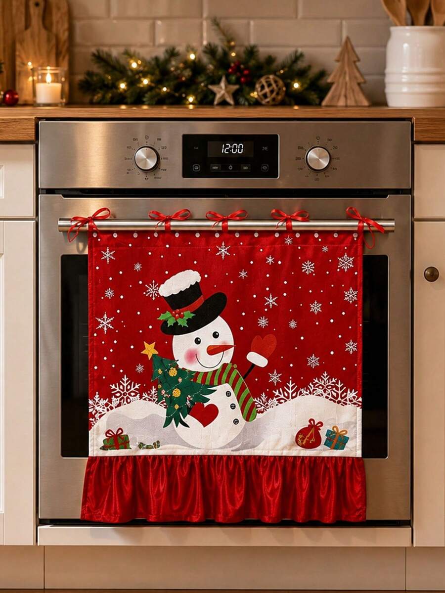 1pc Snowman & Snowflake Print Oven Curtain, With Ribbon Tie Top And Red Ruffle Edge, Short Kitchen Tier Curtain, Decorative Cover Cloth, Suitable For Stove, Oven, Open Cabinet And Small Window, Christmas Country Style Home Decor - Snowman and Snowflake - View 1