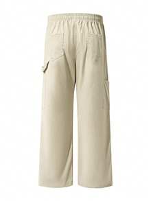 Men Off‑White Straight Leg Cargo Pants Multi‑Pocket Elastic Waist Solid Loose Retro Casual Trousers - Khaki - View 4