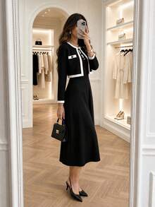 Plus Size Women's Elegant Spring/Summer/Autumn Outfit, Contrast Trim Button Cardigan Paired With Solid Color Long Dress 2-Piece Set Black - Black - View 1