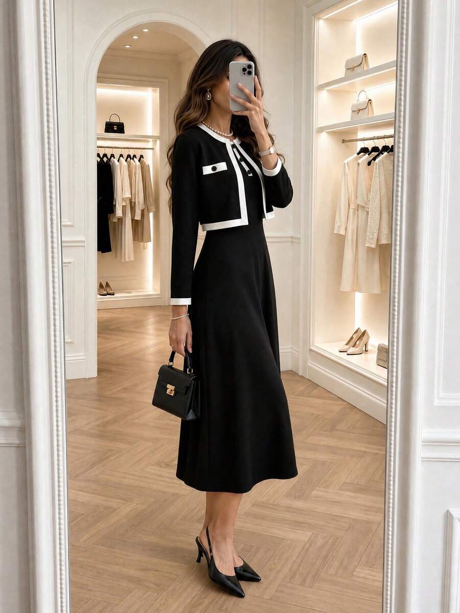 Plus Size Women's Elegant Spring/Summer/Autumn Outfit, Contrast Trim Button Cardigan Paired With Solid Color Long Dress 2-Piece Set Black - Black - View 1