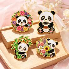 Cute Panda Enamel Pins, Cartoon Panda Holding Coffee Bamboo Flower Wreath Brooch Pins, Kawaii Animal Lapel Badge For Backpack Clothing Decor Gift - Multicolor - View 10