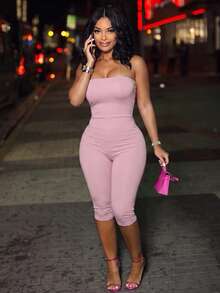 Gorgeous Women's Bodycon Sleeveless Strapless Unitard, Medium Stretch Capris Jumpsuit, Polyester For A Sleek Fit - Pink - View 2