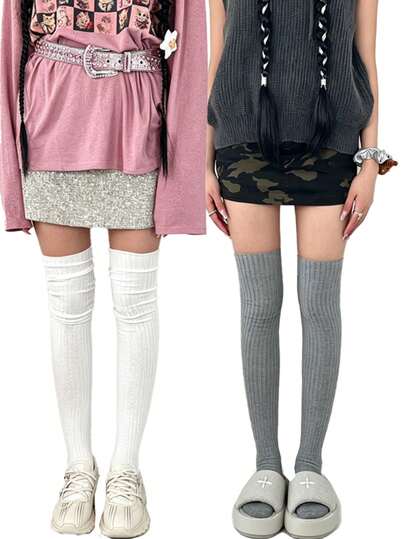 1 Pair Women's Vertical Striped Solid Color Slouch Over-The-Knee Socks, Autumn/Winter Warm Knitted Socks, Non-Slip And Comfortable, Suitable For Various Occasions.