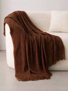 1pc Solid Color Diamond Plaid Knitted Blanket, Nordic Style Acrylic Rectangular Minimalist Sofa Cover Throw Blanket, Bedroom Leisure Knit Blanket - Coffee - View 3