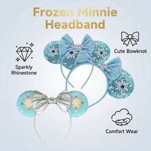 Disney 1pc Frozen Princess Elsa Character Ear Headband, Shiny Light Blue Sequin Snowflake Tiara Bow Cosplay Party Hair Hoop - Multicolor - View 2