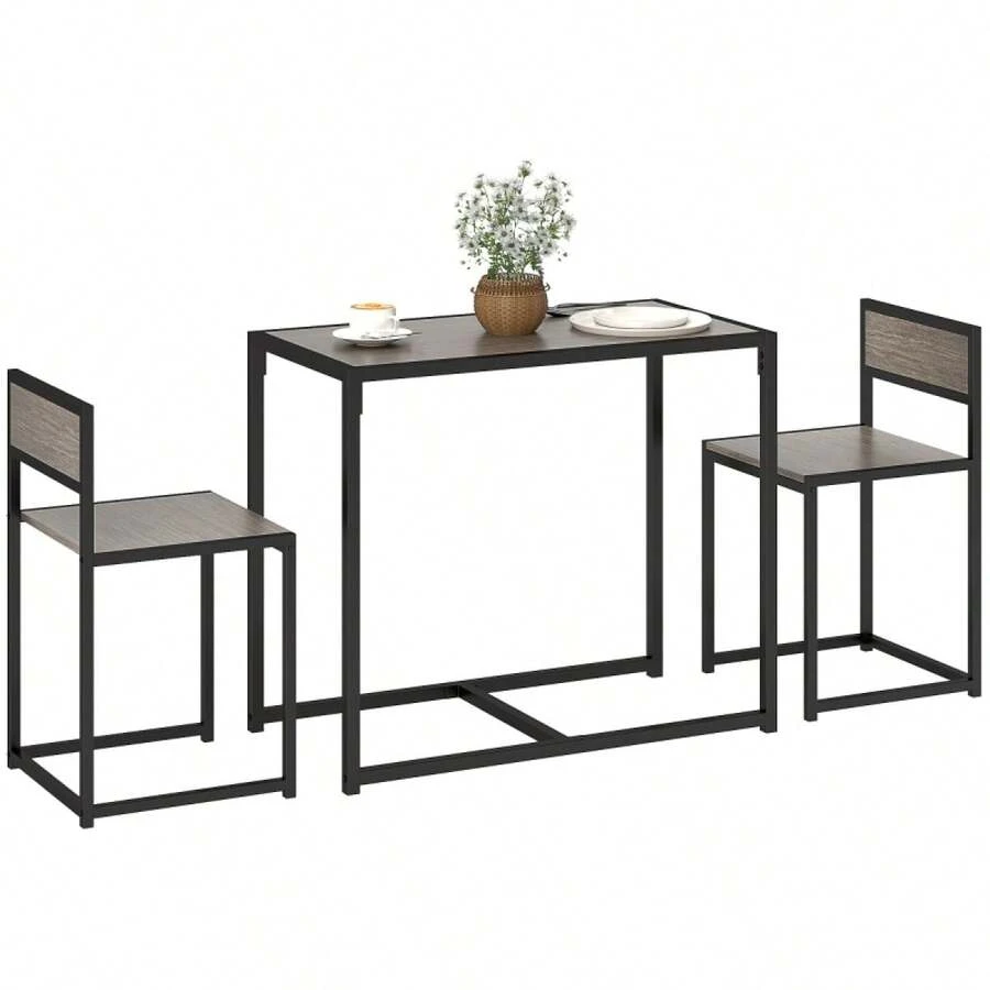 Dining Table And Chairs Set 2, Dining Room Sets, Rectangular Space Saving Table And 2 Chairs Compact Kitchens, Steel Frame, On-Site - Grey + Engineered Wood - View 1