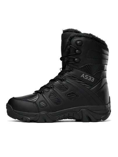 1 Paar schwarze klassische High-Top Outdoor-Trainings-Wanderstiefel, verschleißfeste rutschfeste Sohle, mit Fleecefutter, kältebeständig und warm