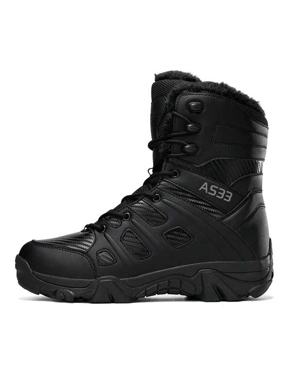 1 Paar schwarze klassische High-Top Outdoor-Trainings-Wanderstiefel, verschleißfeste rutschfeste Sohle, mit Fleecefutter, kältebeständig und warm