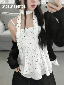 波點荷葉邊無袖上衣 甜美酷女孩細肩帶繫帶寬鬆背心 夏日休閒白色女裝 - 白色 - 查看 4