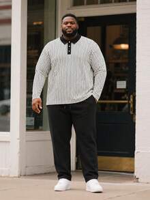 Men's Plus Size Set, Autumn Long Sleeve Casual Plus Size Polo Set For Men, Textured Plus Size Men's Clothing Suitable For Daily Wear - Black and White - View 5