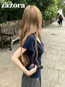 Navy Blue V-Neck Slim Fit Short Sleeve T-Shirt, Korean Style Sexy Slimming Versatile Top - Navy Blue - View 6