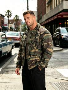 Classic Camouflage Men's Work Jacket With Lapel Collar, Double-Button Patch Pockets And Zipped Front Placket With Contrast Stitching – Casual Jacket - Army Green - View 3