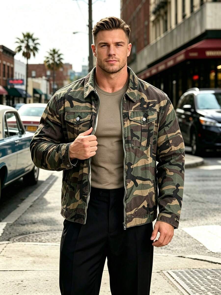 Classic Camouflage Men's Work Jacket With Lapel Collar, Double-Button Patch Pockets And Zipped Front Placket With Contrast Stitching – Casual Jacket - Army Green - View 1