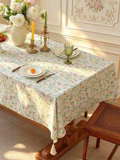 1pc Floral Print Water-Repellent Tablecloth, Minimalist Four-Corner Tassel Decor Tablecloth Suitable For Living Room, Dining Room, Party, Home Decor, Room Decor, Tabletop Decor And Holiday Gift, Multiple Size Options, All-Season Dining Table Decoration