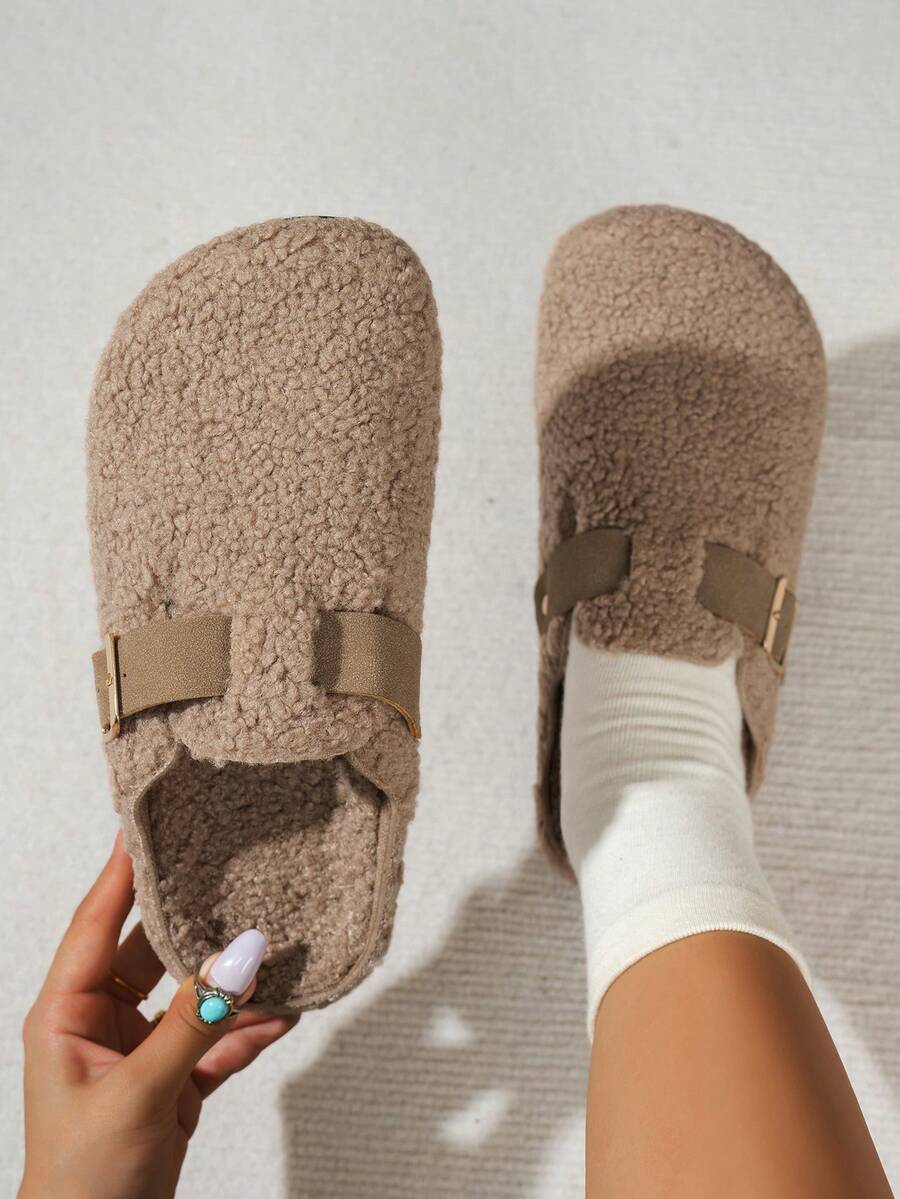 Casual Retro Slouchy Mule Shoes With Adjustable Buckle, Closed Toe Slip-On Slippers - Brown - View 1