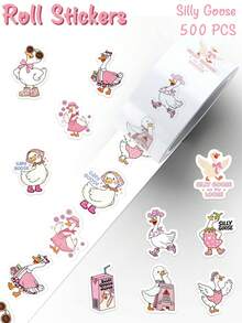 500pcs Cartoon Silly Goose Roll Stickers, Cute Funny Goose Pattern, Suitable For Laptop, Luggage, Phone, Scrapbook, Diary, Skateboard, Etc., Cartoon Graffiti Stickers, DIY Decoration Gift - Pink - View 4