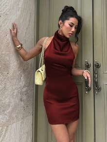 Vestido de fiesta sexy de moda para mujer, de satén rojo, sin espalda, con cuello halter alto, adecuado para citas, fiestas y vacaciones - Burdeos - Ver 3