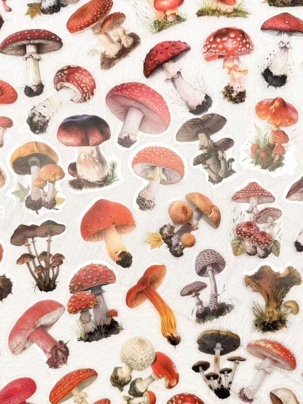 50pcs Retro Mushroom PET Stickers Cottagecore Aesthetic Vintage Fairy Tale Decals For Phone Journal Scrapbook Laptop Notebook Suitcase DIY Transparent Stickers Creative Gift