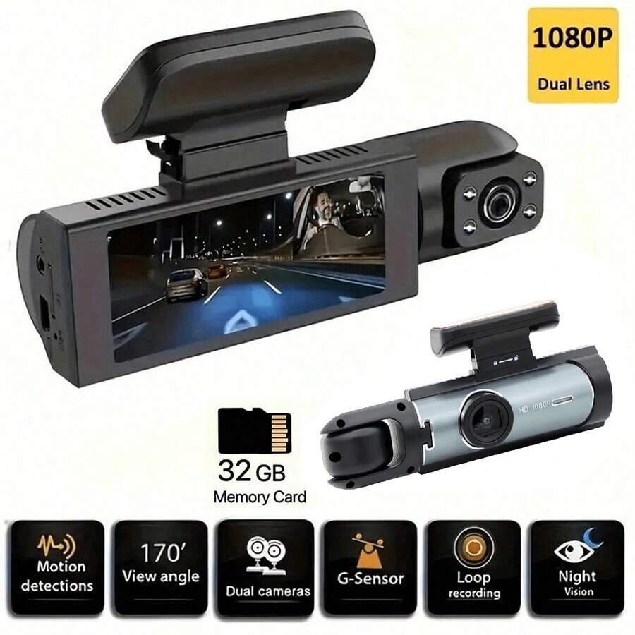 1080P Dual Camera Dash Cam, Front And Rear Dual Recording, With Infrared Night Vision, Loop Recording, Wide-Angle Lens, Equipped With 3.16-Inch IPS Screen, Dual Lens Car Dash Cam, Free 32GB Storage CardGB - Dash Cam - View 1