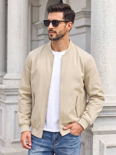 Casual Khaki Pilot Jacket With Stand Collar, Full Zip, Lightweight Ribbed Hem And Cuffs, Slanted Pockets, Suitable For Spring And Autumn Daily Wear